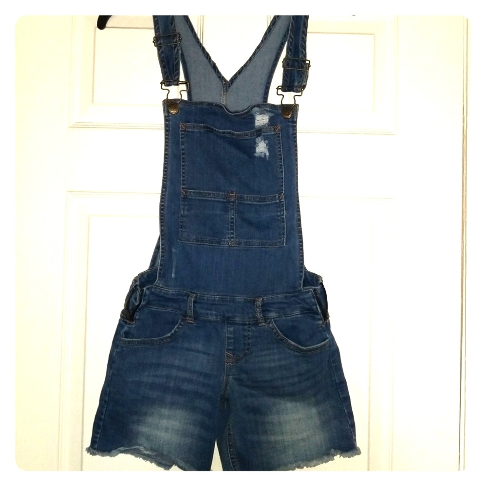 Distressed overall shorts